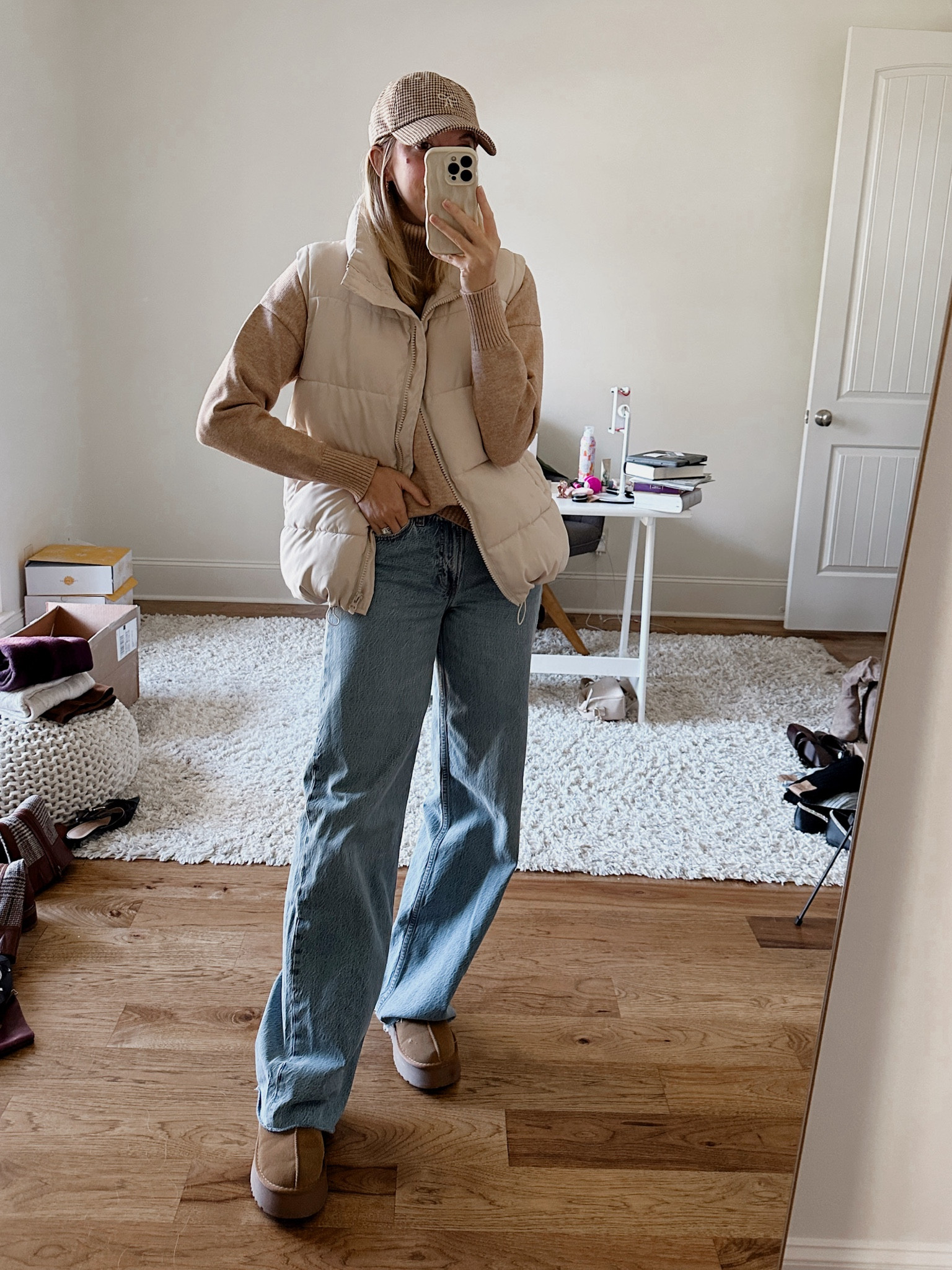 Hockey rink mom outfit idea. Low rise loose jeans. Oversized puffer vest. Amazon outfit. Neutral cream brown sweaters 

#LTKStyleTip #LTKSeasonal #LTKFindsUnder50