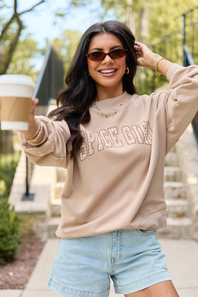 Spice Girl Gingham Taupe Graphic Mock Neck Sweatshirt | Pink Lily