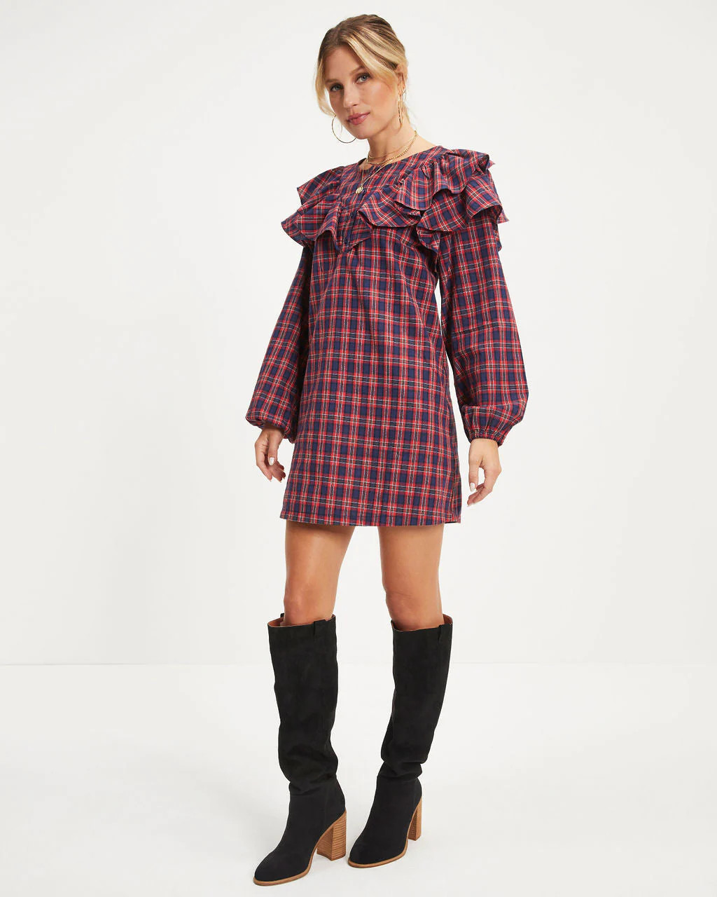 Be Merry Plaid Ruffle Mini Dress | VICI