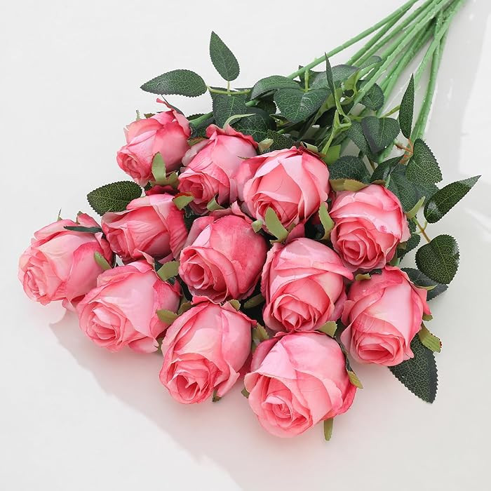 12Pcs Realistic Fake Dark Pink Roses Faux Flowers with Long Stems, Artificial Silk Rose Flowers f... | Amazon (US)