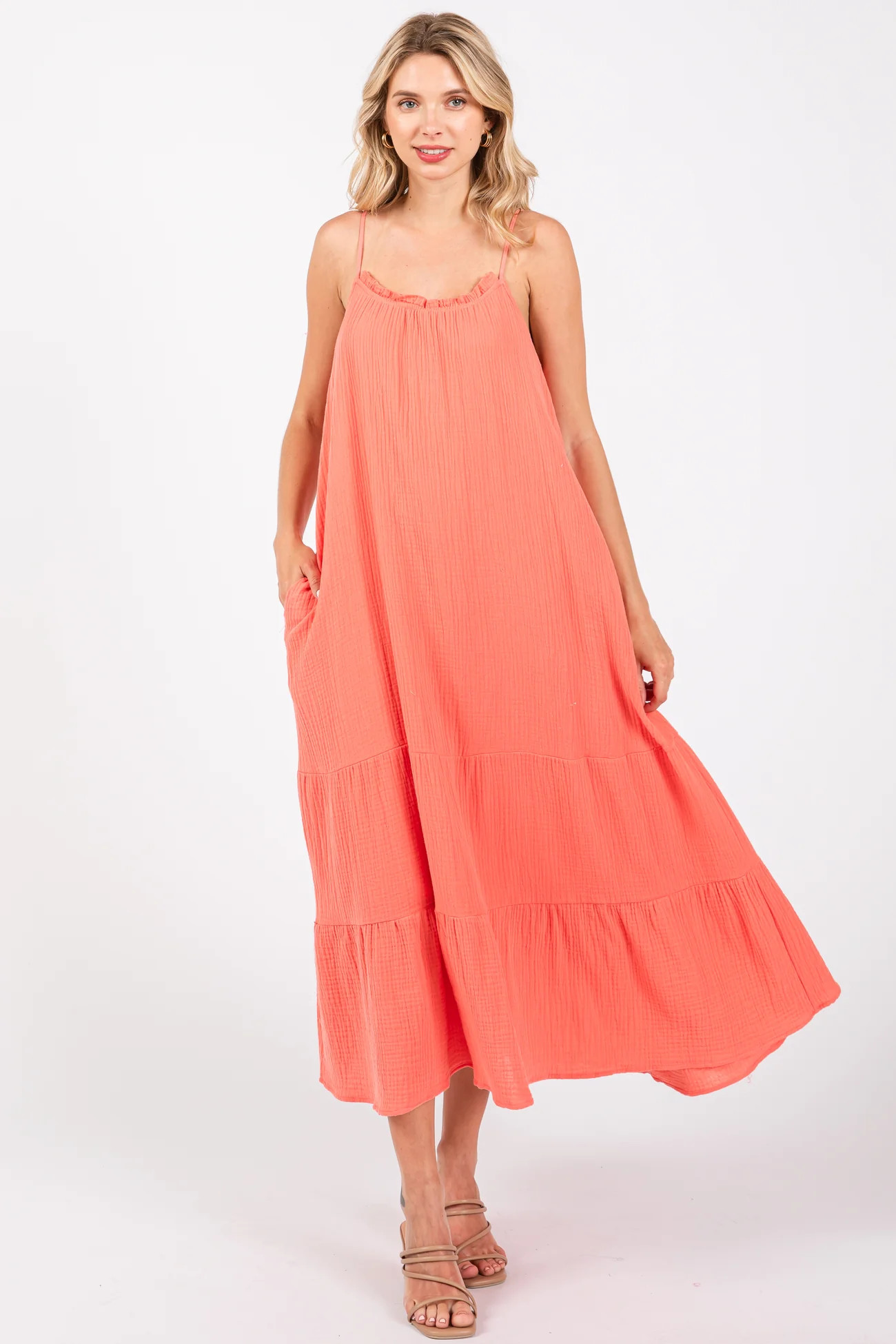 Coral Tiered Hem Midi Dress | PinkBlush Maternity