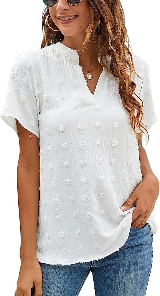 Blooming Jelly Womens White Chiffon Blouses Short Sleeve V Neck Shirts Summer Casual Polka Dot To... | Amazon (US)