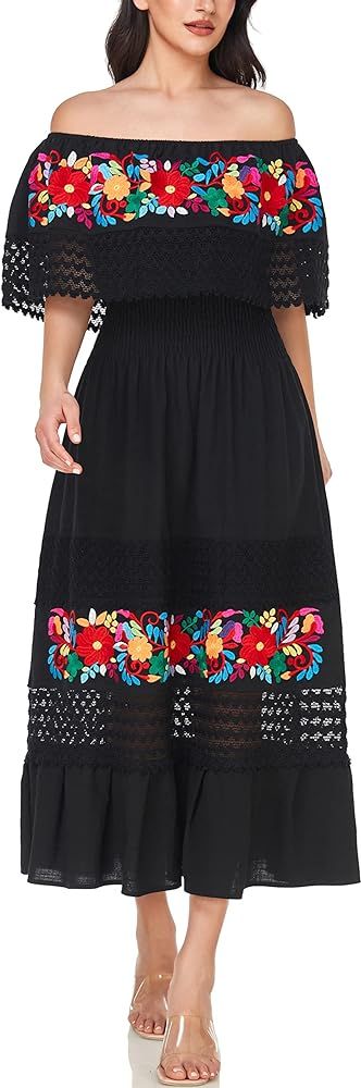 YZXDORWJ Women Embroidered Mexican Present Casual Sexy Lace Off-Shoulder Long Dress | Amazon (US)