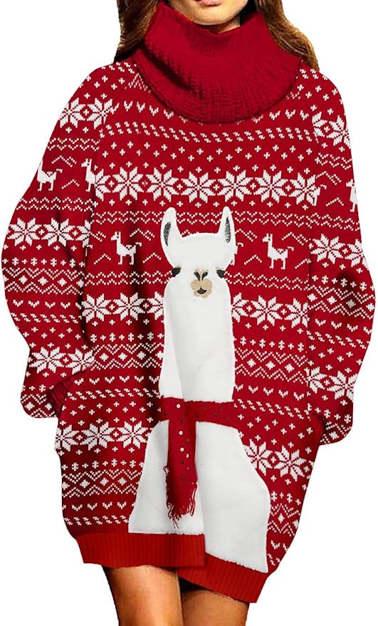 Pink Queen Women Turtleneck Loose Print Christmas Long Sweater Dress with Pockets | Amazon (US)