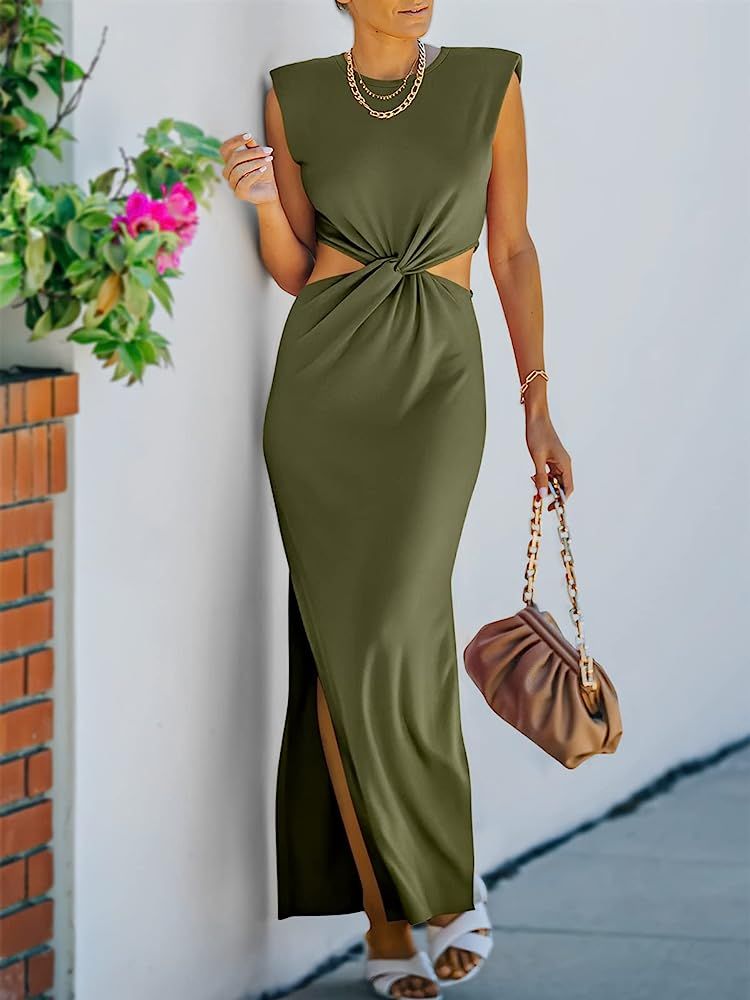 ANRABESS Women Summer Sleeveless Padded Shoulder Cutout Twist Elegant Formal Slim Fit Maxi Dress wit | Amazon (US)