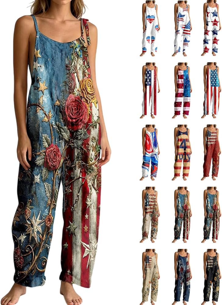 American Flag Overalls Women 4Th of July Outfit Red White and Blue USA Jumpsuit Patriotic Wide Le... | Amazon (US)