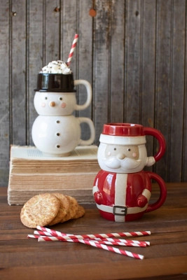 Kalalou Ceramic Stacking Christmas Mugs, Santa and Snowman (Set of 2), Multi | Ashley Homestore