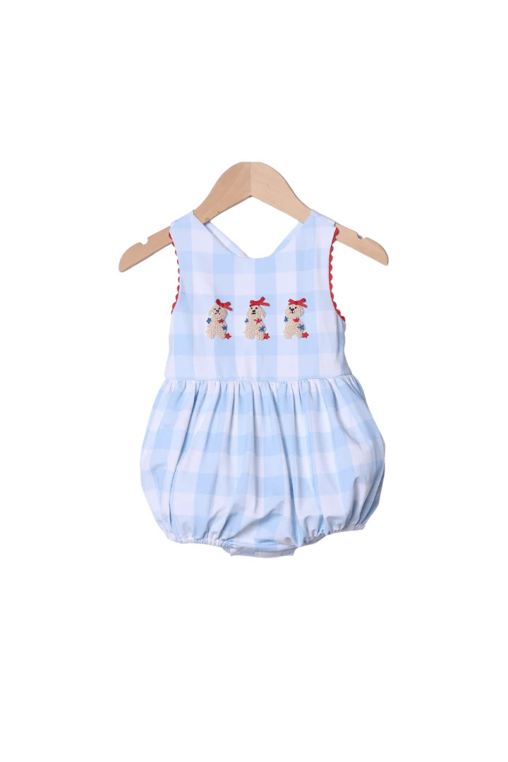 French Knot Patriotic Puppy Blue Buffalo Check Bow Bubble | The Smocked Flamingo