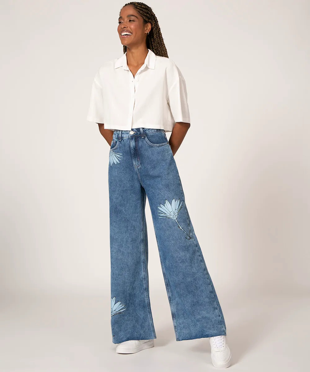 calça jeans wide leg cintura super alta floral azul médio | C&A (BR)