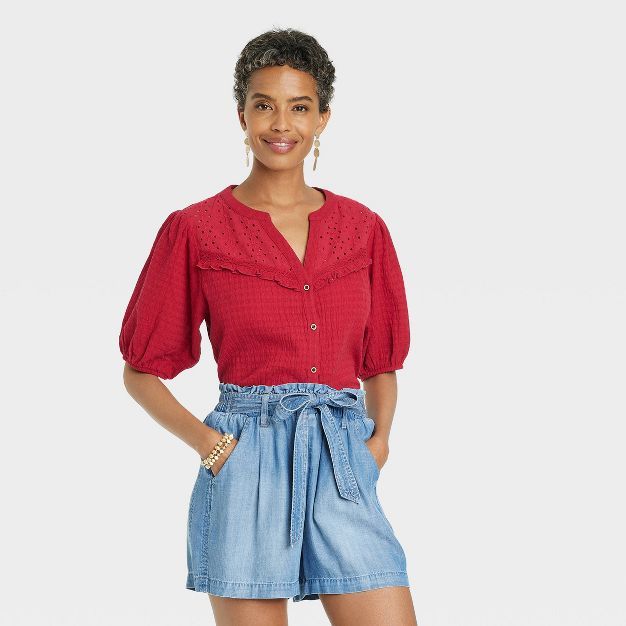 Women's Balloon Short Sleeve Button-Front Textured Top - Knox Rose™ | Target