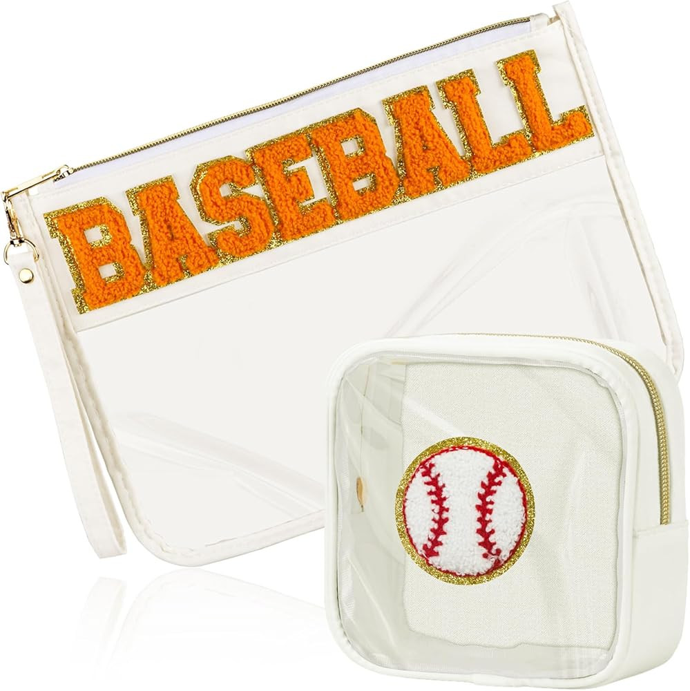 2 Pcs Baseball Gifts Cosmetic Makeup Bag with Chenille Letter Patch, Clear Pouch PVC Organizer Pu... | Amazon (US)