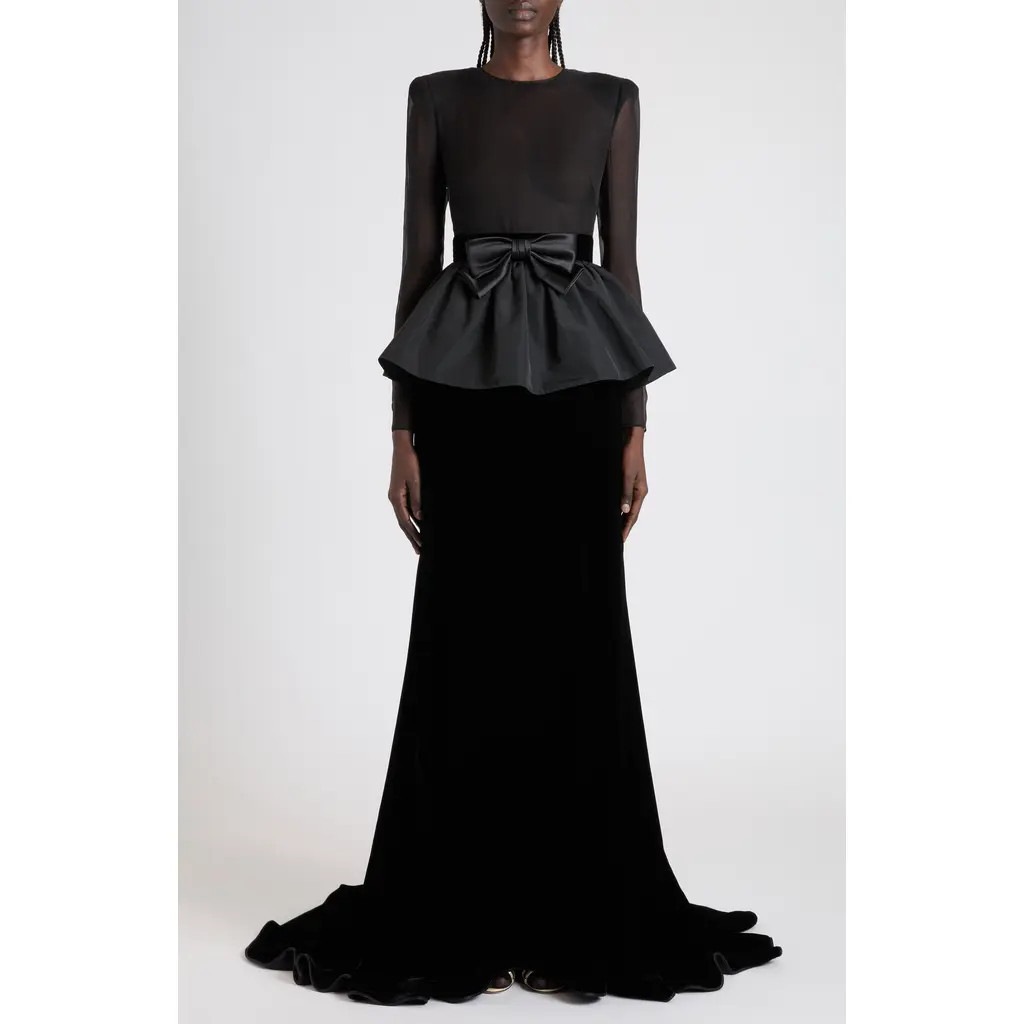 Valentino Bow Detail Long Sleeve Chiffon, Faille & Sablé Velvet Gown in Black at Nordstrom, Size 4 Us | Nordstrom