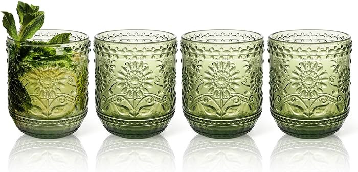 Topsky Vintage Drinking Glass Set of 4,12 oz Embossed Floral Drinkware Set,Green Drinking Glasses... | Amazon (US)