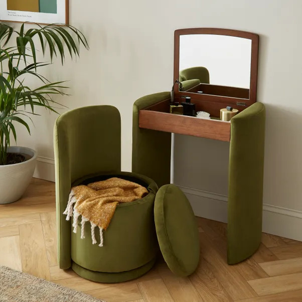 Frankie Velvet Compact Dressing Table Set with Mirror and Stool | Dunelm