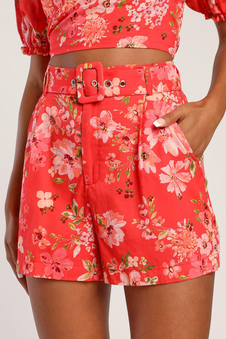 A Chance For Love Red Floral Print Belted Shorts | Lulus (US)