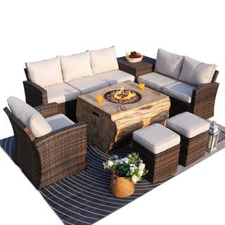 7-Piece Wicker Patio Fire Pit Seating Set with Beige Cushions | The Home Depot