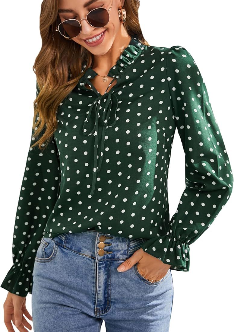 OYOANGLE Women's Polka Dots Long Sleeve Top Frill Tie Neck Elegant Work Office Blouses Shirts | Amazon (US)