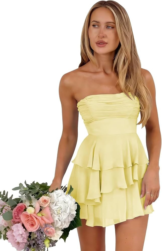 Strapless Tiered Ruffle Short Homecoming Dresses for Women Chiffon A-Line Mini Prom Party Dress | Amazon (US)