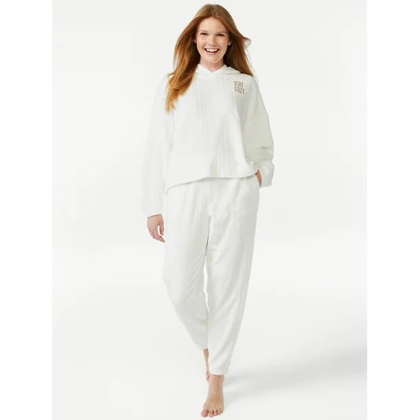 Joyspun Women's Plush Cable Long Sleeve Hooded Top and Pants Pajama Set, 2-Piece, Sizes up to 3X ... | Walmart (US)