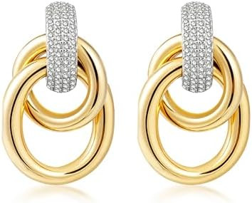 Chunky Gold Earrings Cubic Zirconia Dangle Earrings for Women Trendy Gold and Silver Dangly State... | Amazon (US)