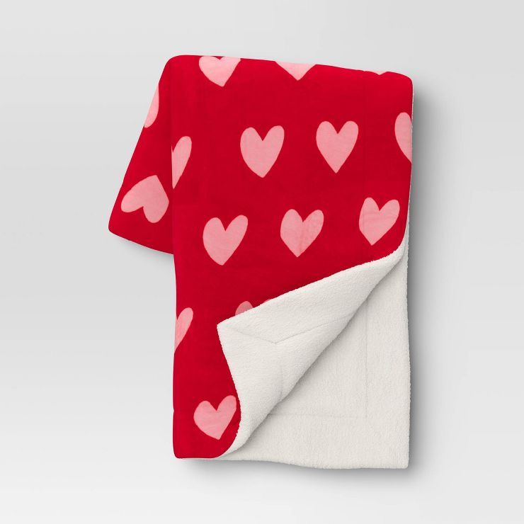 Large Hearts Plush with Faux Shearling Reverse Throw Blanket Red - Threshold™ | Target