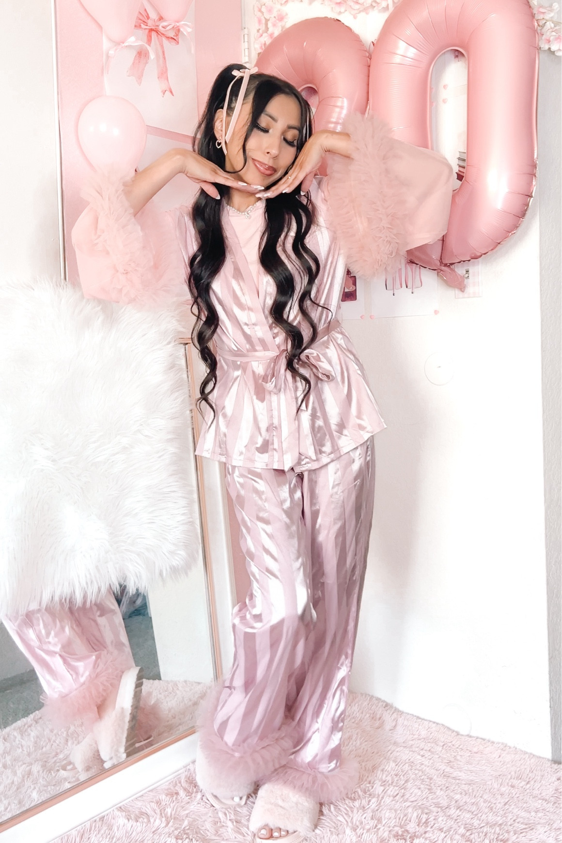 Pink 30th birthday pajama party theme. 💖 I went out to the mall in these pink satin pajamas with tulle trim. It was so fun! I finished the look with two ponytails and pink fur slides. #girlystyle #pajamaparty

#LTKFindsUnder50 #LTKParties