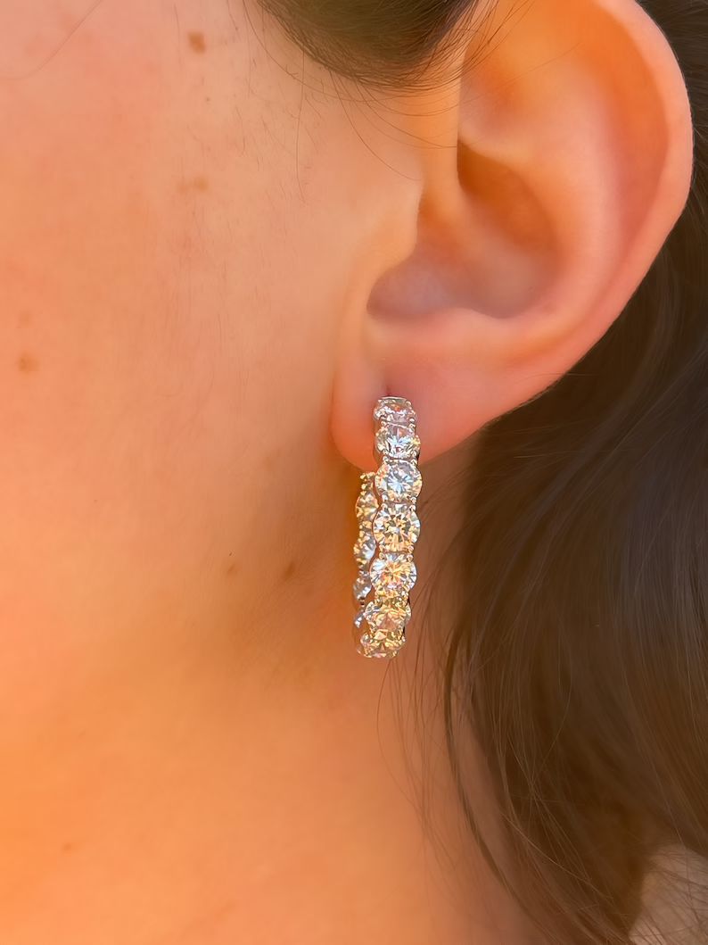 Round Brilliant Cut Diamond CZ Hoop Earrings  Wedding Hoop | Etsy | Etsy (US)