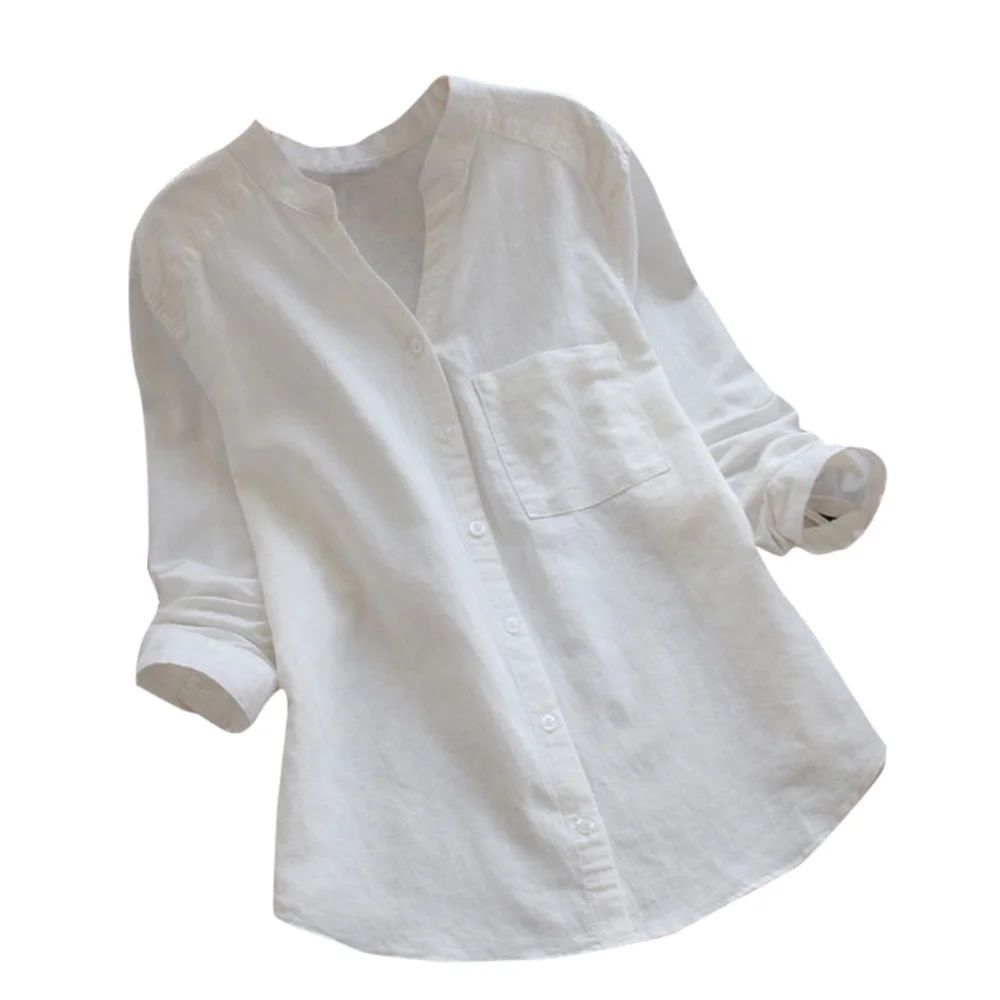 Beppter Shirts for Women Solid Long Sleeve Blouse Button Down Tee Shirt Top Cotton linen L White | Walmart (US)