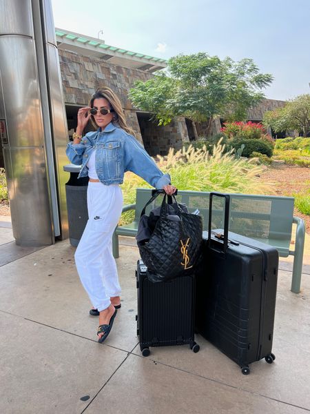 Wearing size XS in pants, size S in tank. 
Airport Outfit, Travel Outfit, Nike, Luggage, Travel, Jean Jacket, emily Ann gemma 

#LTKstyletip #LTKtravel