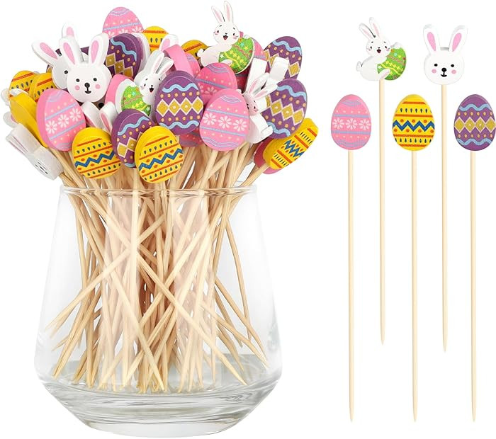 100PCS Easter Cocktail Picks, Bunny Fancy Toothpicks for Appetizers, 4.7 IN Long Bamboo Fruit Ske... | Amazon (US)