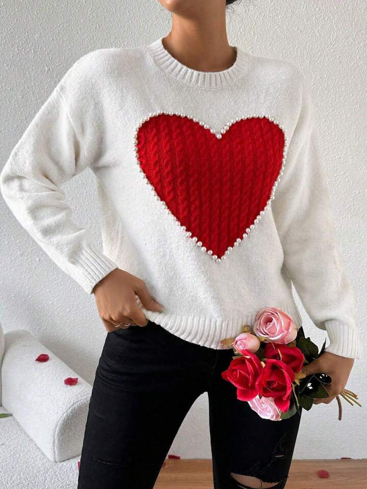 SHEIN Frenchy Casual Ladies Heart Pattern Pearl Bead Sweater | SHEIN