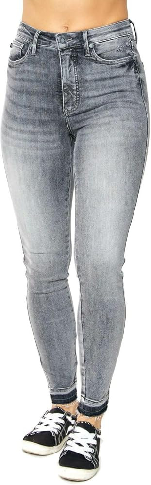 Judy Blue Women's High Waist Tummy Control Grey Wash Release Hem Skinny Jeans | Amazon (US)