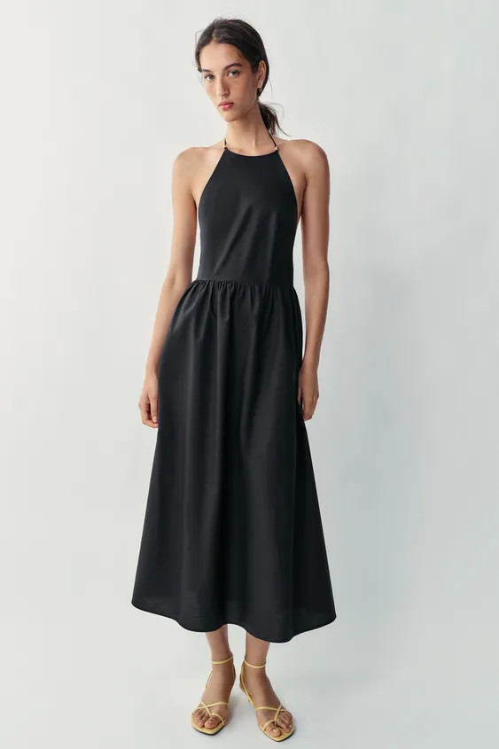 DescriptionCompositionMeasurementsModel height: 179 cmMidi dress with a regular collar and short ... | Zara UK