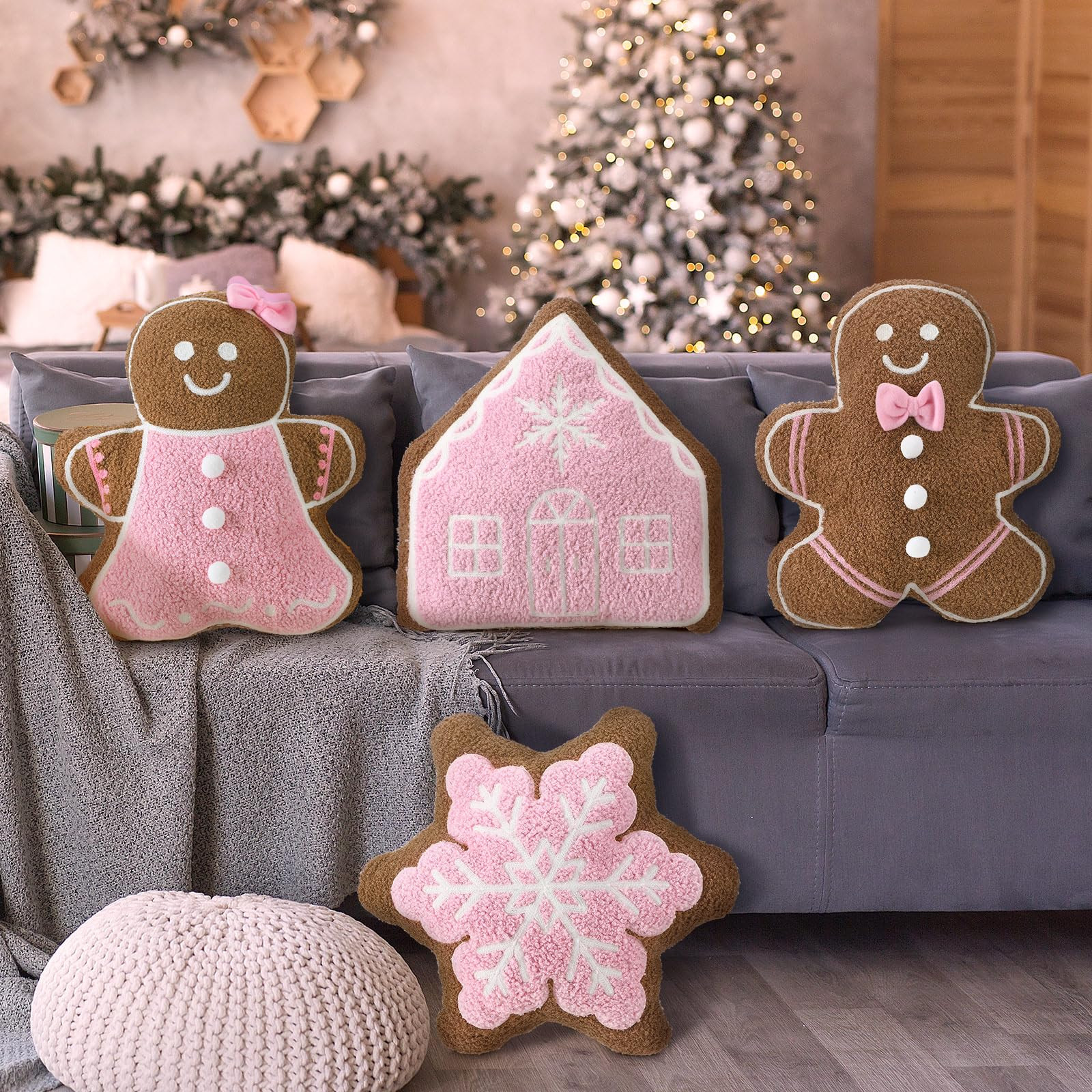 4 Pcs Christmas Throw Pillows Plush Gingerbread Men Gingerbread House Snowflake Shaped Pillow for... | Amazon (US)