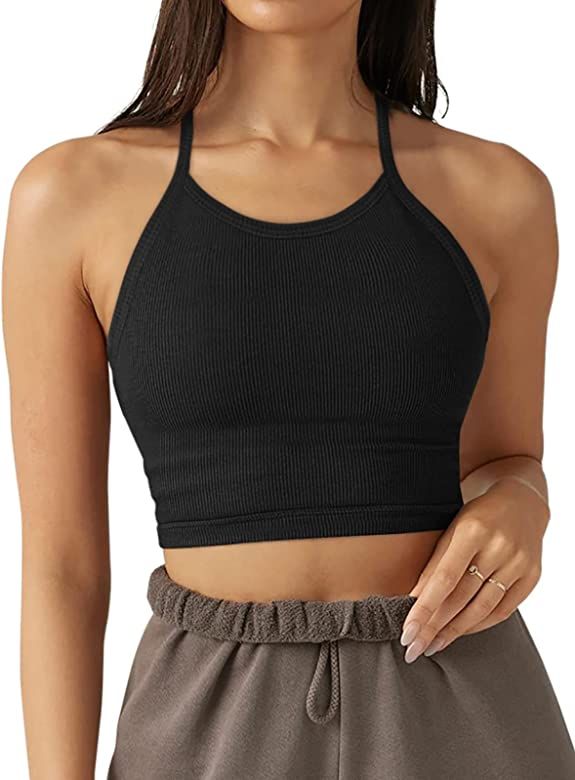 LASLULU Sports Bra for Women Crop Tops Racer Back Tank Tops Longline Workout Yoga Bra Halter Neck Cr | Amazon (US)