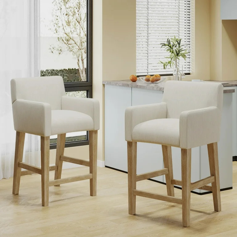 Noble House Deville Fabric Upholstered Wood 26 inch Counter Stools, Set of 2, Beige and Weathered... | Walmart (US)