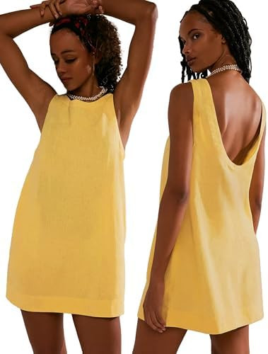 VIUTIL Womens Summer Linen Mini Dress Boat Neck Low Back Sleeveless Tank Dresses with Pockets 202... | Amazon (US)