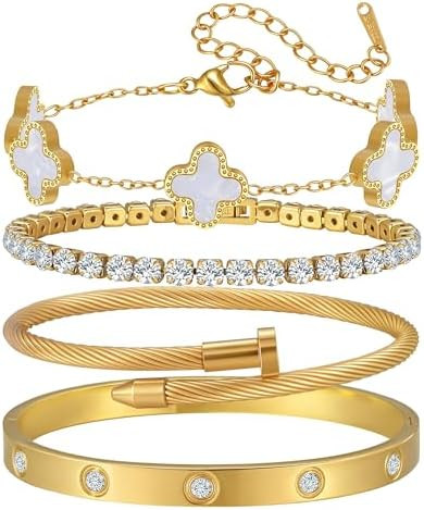 18K Gold Plated Bangle Bracelets Stack for Women,Four Leaf Clover Stackable Bracelets Non Tarnish... | Amazon (US)