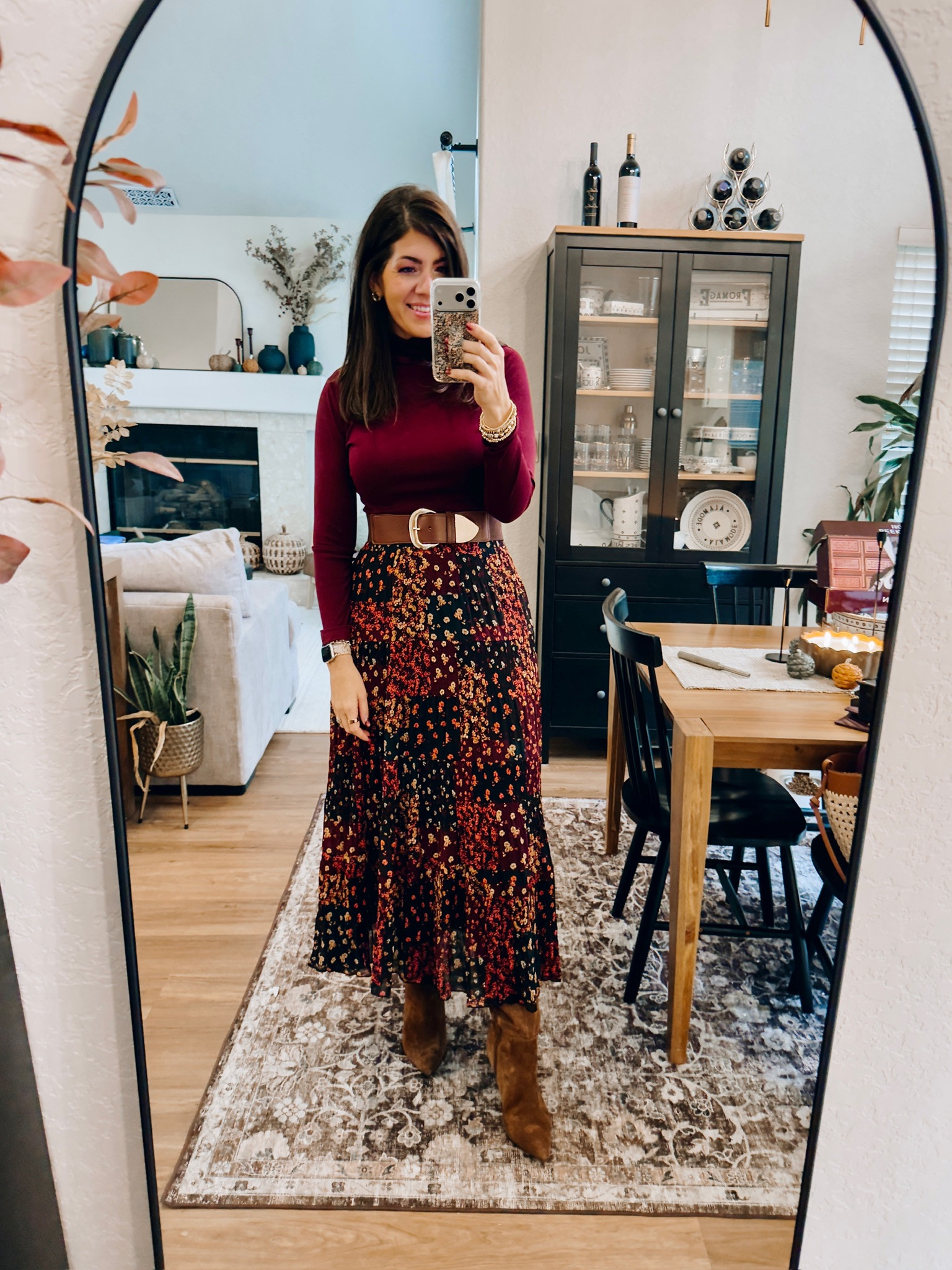 In a large printed skirt
Medium turtleneck
Medium belt
fall outfits, family photos outfits, fall family photos, jeans, boots, thanksgiving outfit, trending, midsize fall, fall outfit inspo, midsize style, casual outfit, fall colors, sweater weather, midsize fashion, fall fashion, fall chic, easy outfit, mom style, midsize mom, trending fall fashion, holiday outfit, christmas party outfit, floral skirt, red top, brown belt, brown bootss#LTKStyleTip

#LTKSeasonal #LTKMidsize