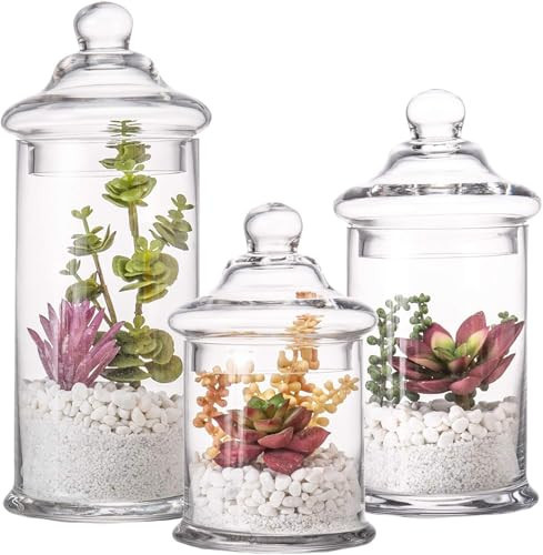 Set of 3 Glass Apothecary Jars with Lids, Clear Bathroom Storage Organizer Canister Set for Qtips, Cotton Swabs, Cotton Balls, Bath Salts (H: 11", 8.5", 7.5", D: 5"; 23 FL.OZ, 34 FL.OZ and 45 FL.OZ) | Amazon (US)