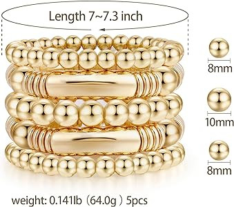 Gold Bangles Bracelet for Women Chunky Curved Stacking Plated Bead Ball Stretchable Bracelets | Amazon (US)