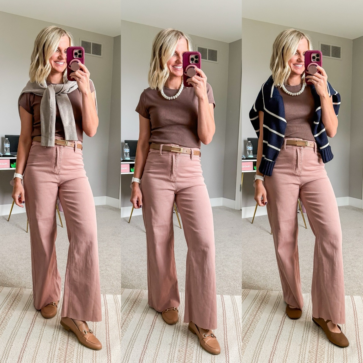 Fall Capsule 2026 🍂 Three ways I'm styling my pink corduroy wide-leg pants! This is look 6 of 8 with this piece — my 20-piece capsule mixes and matches into 120 outfits. Which one is your favorite?! Shop the pieces on my LTK! 🤎 

 #fallcapsulewardrobe #capsulewardrobe #falloutfits #fallfashion #petitestyle #affordablefashion #ltkstyle #ltkfall