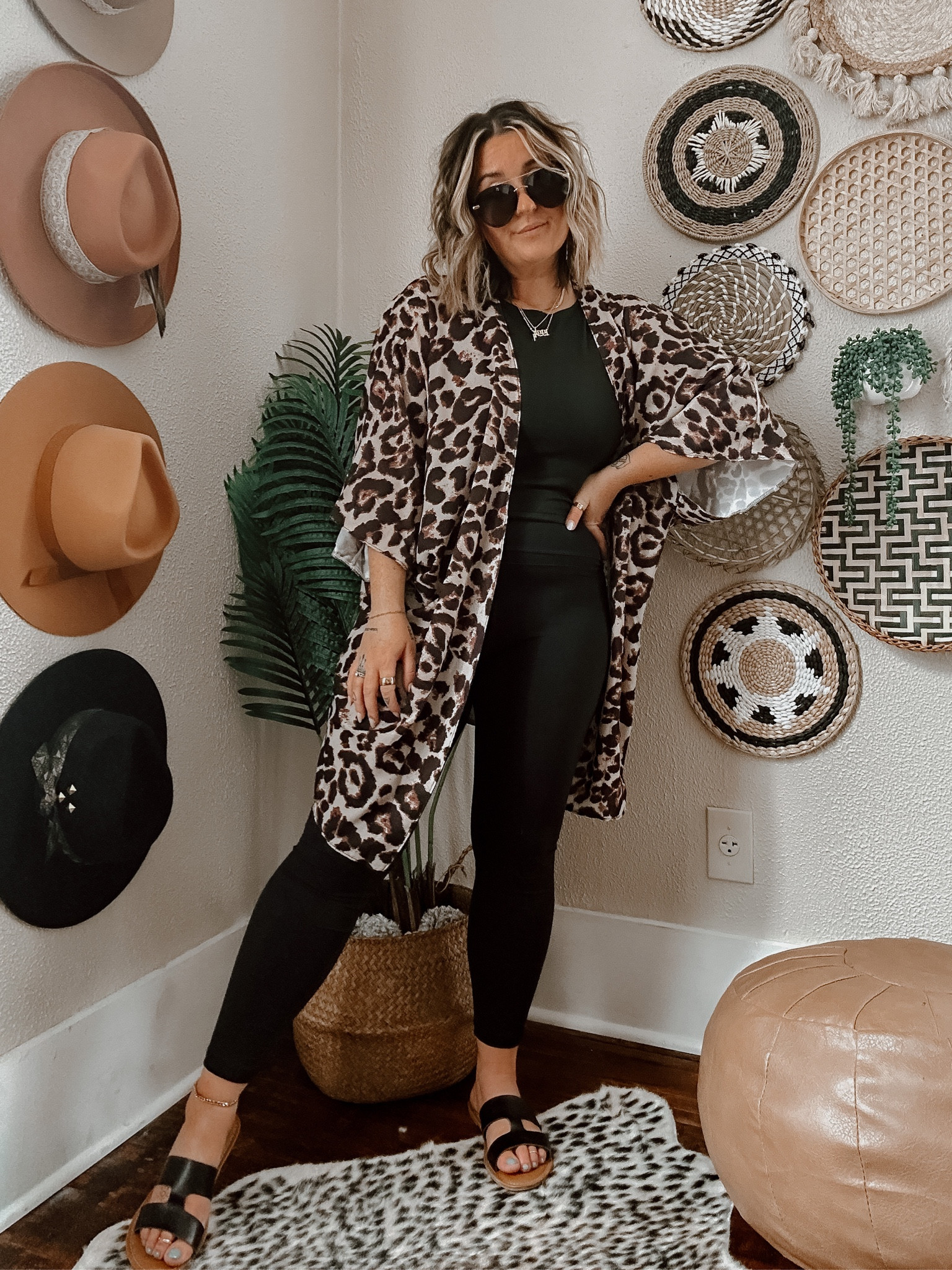 Grunge edgy summer outfit idea. Leopard print summer outfit idea. Cozy comfy tank + leggings combo paired with leopard kimono also a great beach cover. Sandals TTS. 

#LTKstyletip #LTKSeasonal #LTKFind