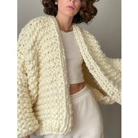 Oversized Chunky Knit Cardigan Sweater With Balloon Sleeves & Pearl Buttons in White Color | Etsy (US)