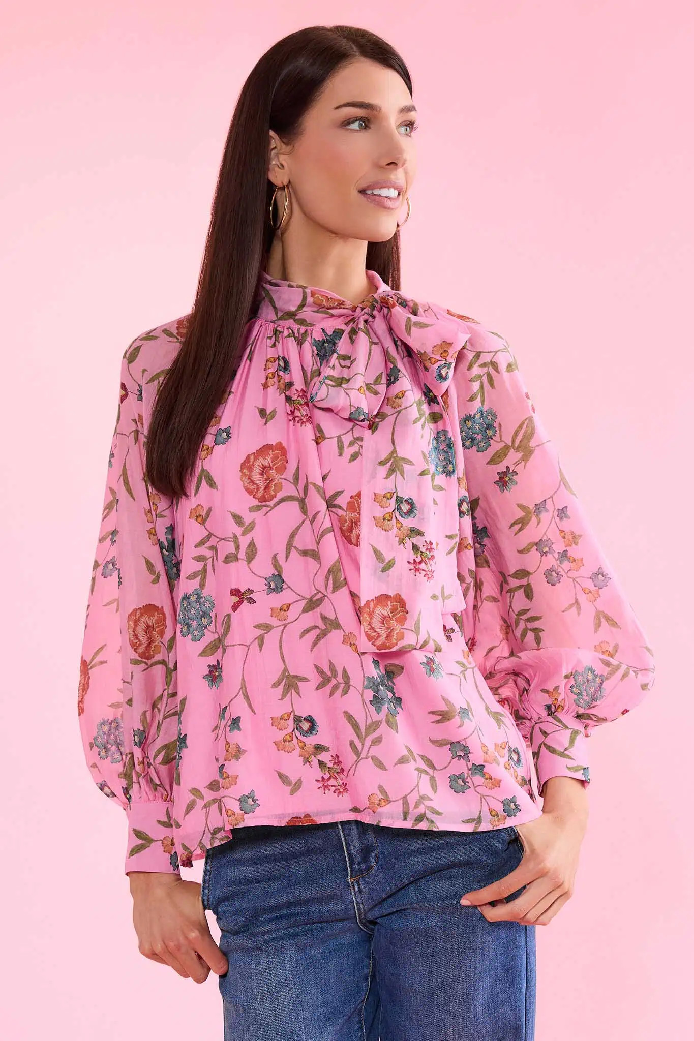 Corinne Pink Floral Tie Neck Top | Avara