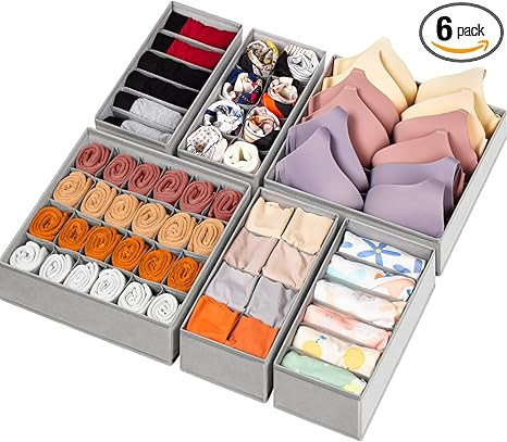 6 Pack Sock Underwear Drawer Organizer Dividers, 58 Cell Foldable Fabric Dresser Closet Organizer... | Amazon (US)