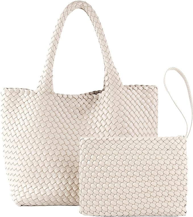 Woven Tote Bag for Women, Vegan Leather Handwoven Bags with Small Handmade Purse, Large Travel Br... | Amazon (US)