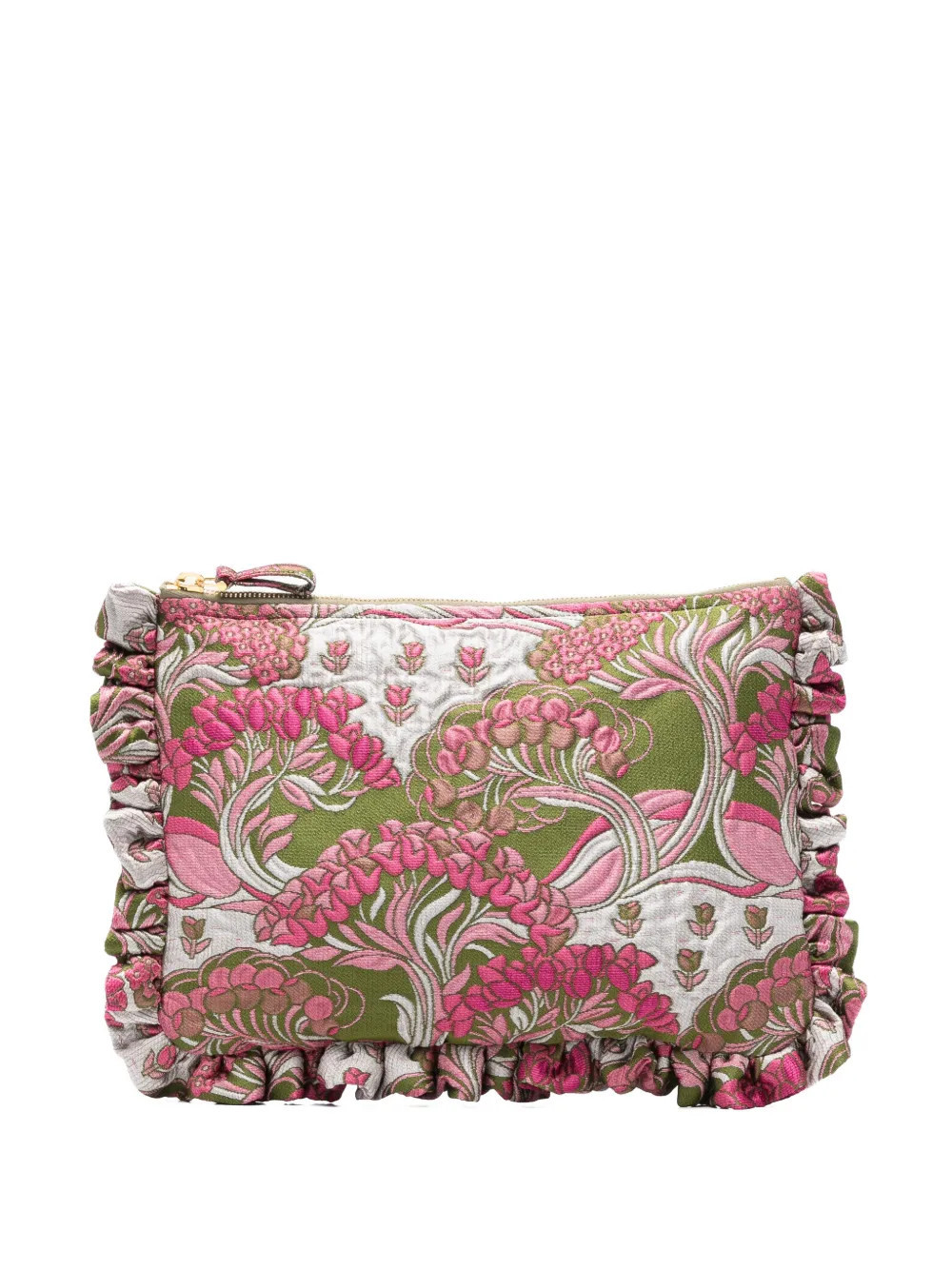 La DoubleJ floral-embroidered ruffled clutch bag - Green | Farfetch Global