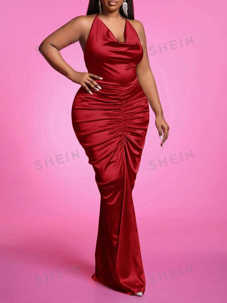 SHEIN Slayr Plus Size Elegant Banquet Sexy Backless Halter Ruched Waist Dress For Autumn | SHEIN