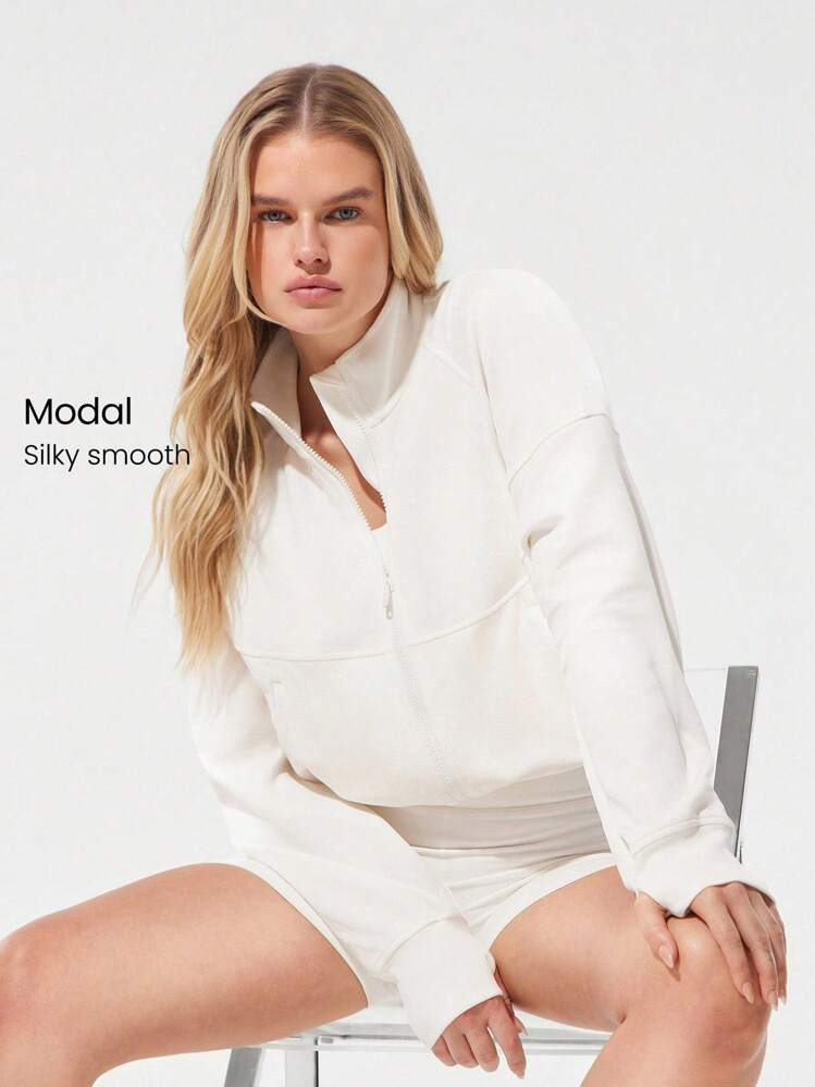 GLOWMODE Softserene Modal Cool Comfort Silky Smooth Breathable Contoured Seams Stand-Up Collar Drawstring Waist Big Pockets Thumbholes Waist Length Zip-Up Jacket Daily Casual Wear  Spring Summer | SHEIN